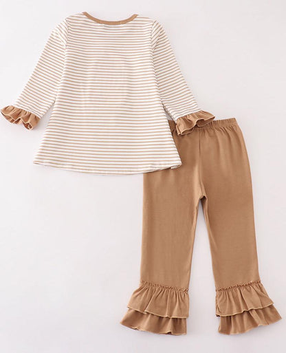 Khaki Stripe Pumpkin Glitter Applique Girl Pants Set