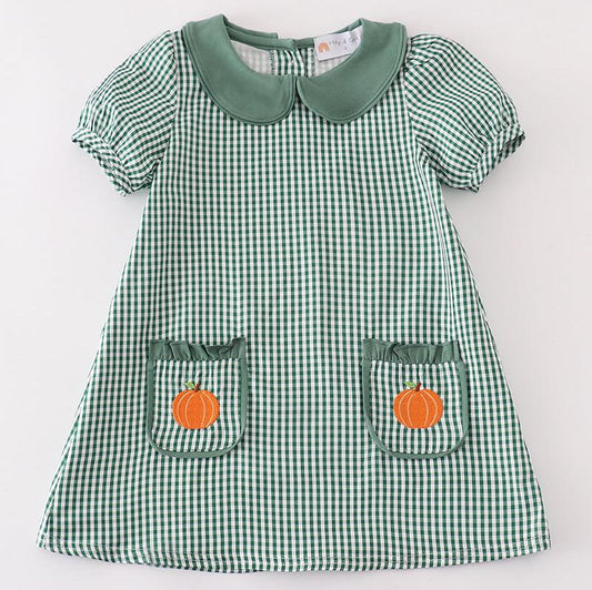 Green Gingham Pumpkin Embroidered Dress