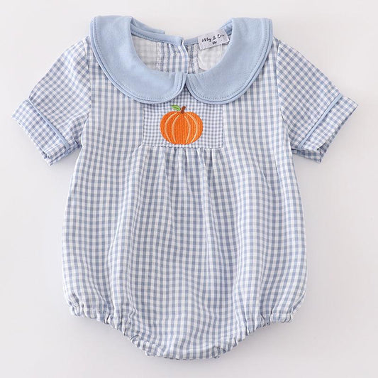 Blue Gingham Pumpkin Embroidered Boy Bubble