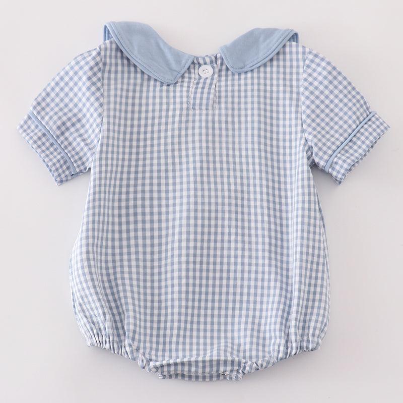 Blue Gingham Pumpkin Embroidered Boy Bubble