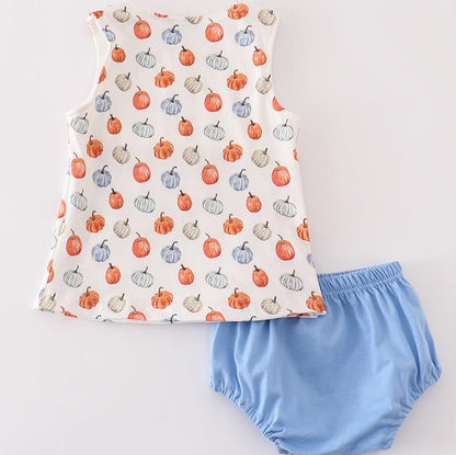 Pumpkin Print Blue Baby Boy Bloomers Set