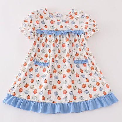 Pumpkin Print Blue Ruffle Dress