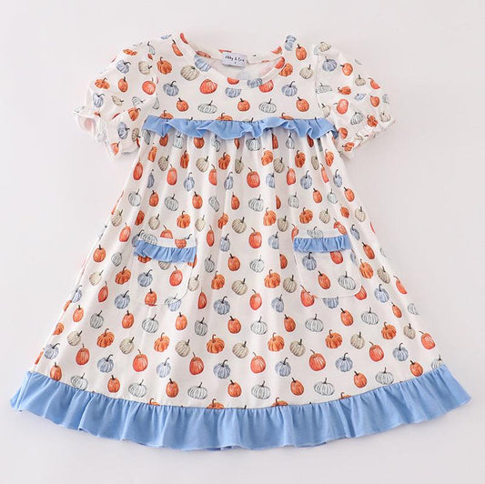 Pumpkin Print Blue Ruffle Dress