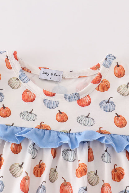 Pumpkin Print Blue Ruffle Dress