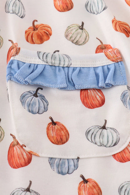 Pumpkin Print Blue Ruffle Dress