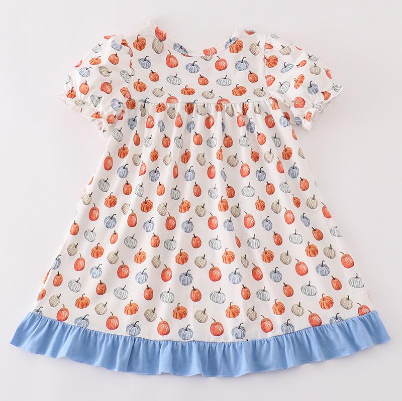 Pumpkin Print Blue Ruffle Dress