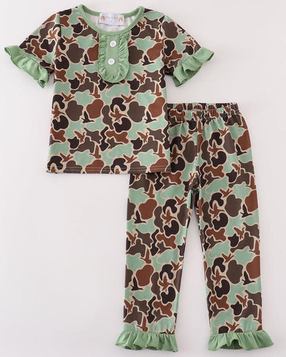 Green Camouflage Print Girl Pajama Set