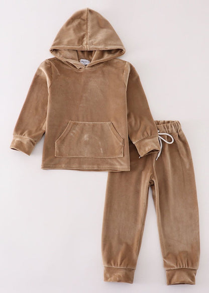 Velvet Boy Hoodie Set - Beige