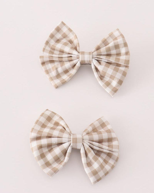 Khaki Gingham 2pc Hair Bow Clips