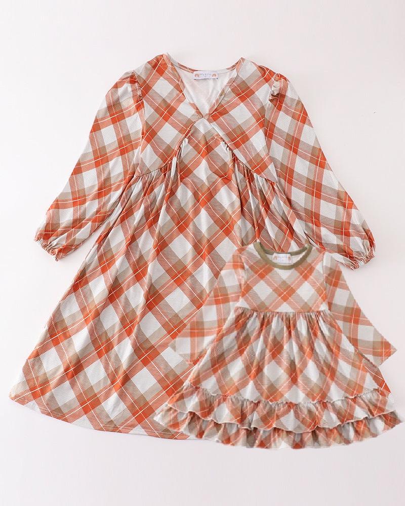 Khaki Gingham Print Mom + Me Dress