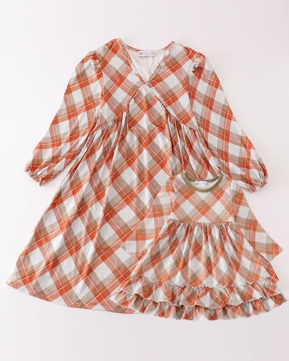 Khaki Gingham Print Mom + Me Dress