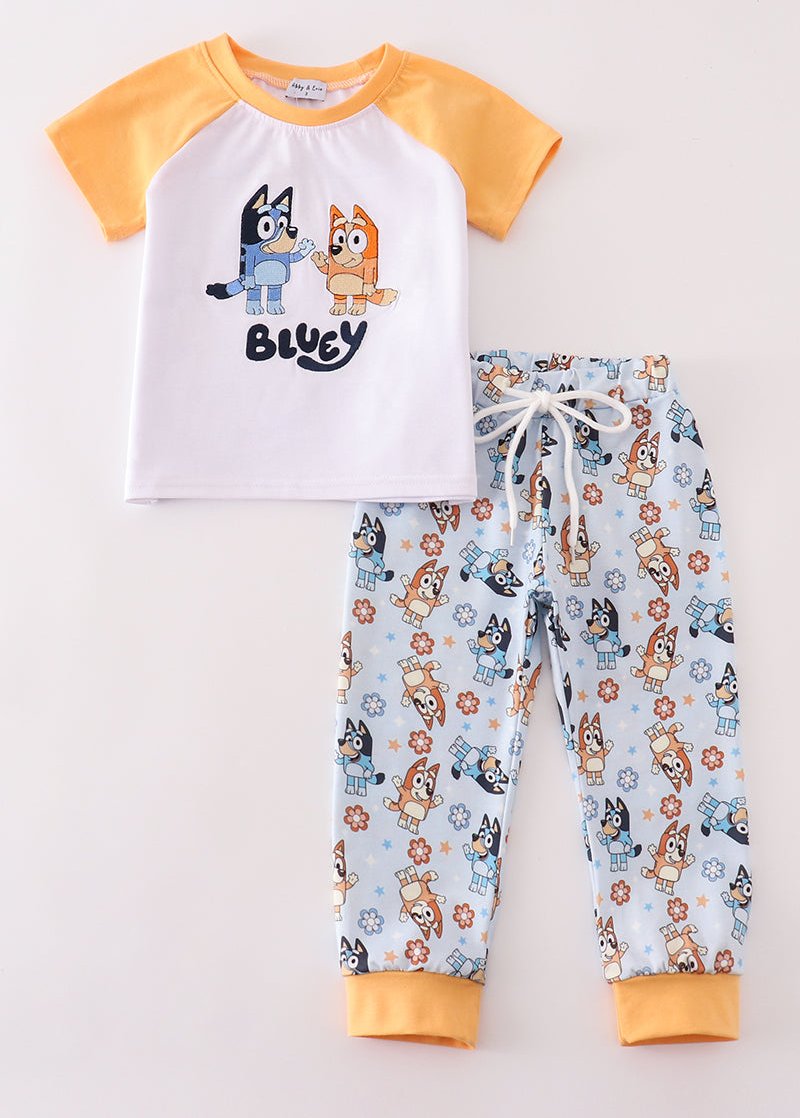 Blue Dog Character Embroidered Boy Set