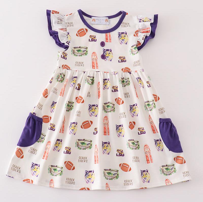 Geaux Tigers Print Purple Girl Dress