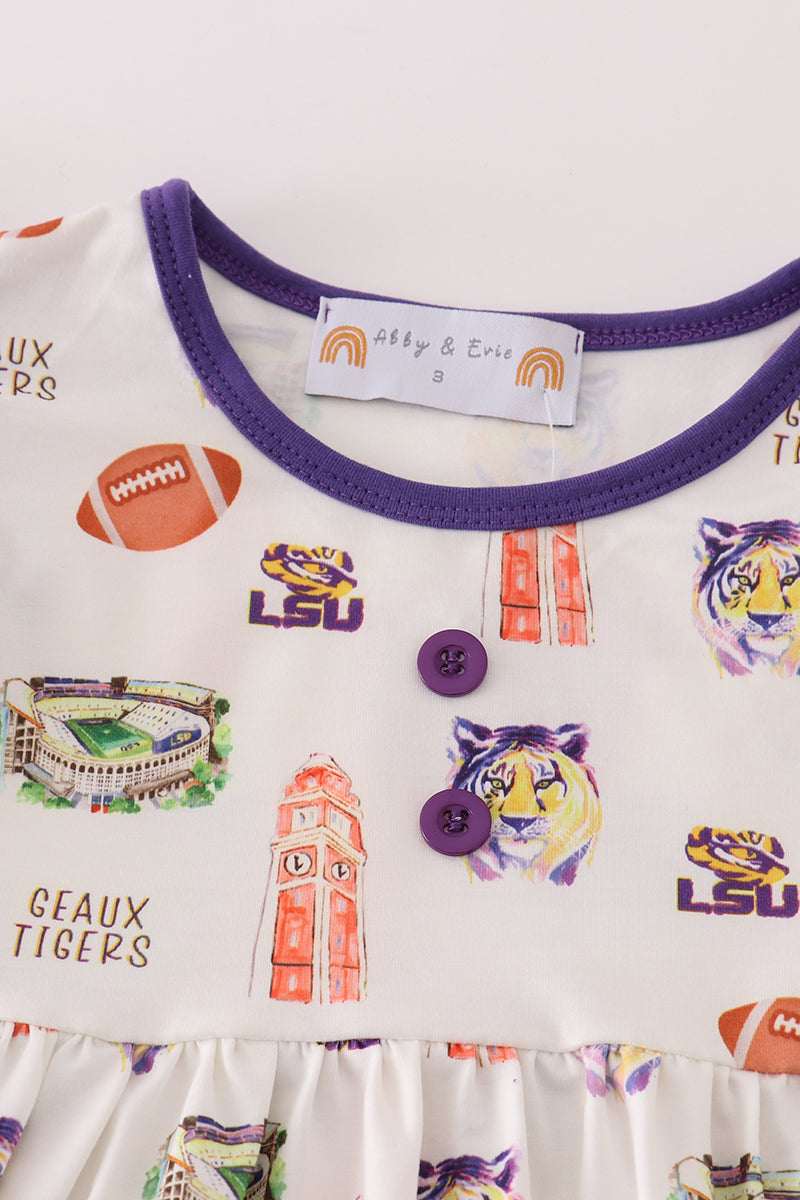 Geaux Tigers Print Purple Girl Dress