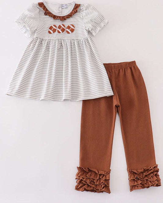 Brown Football French Knot Stripe Girl Set