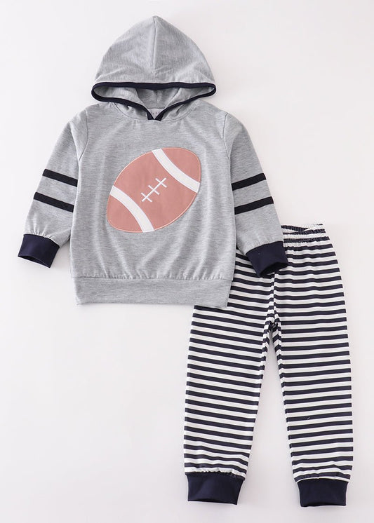 Football Applique Grey Boy Hoodie Set