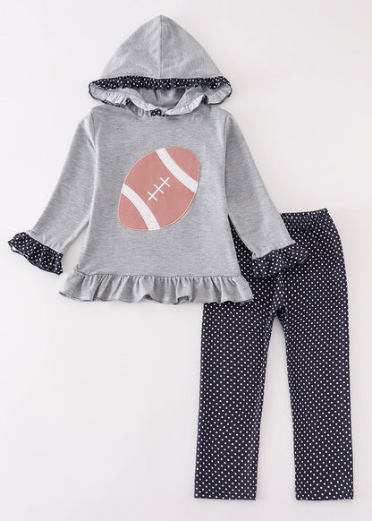 Football Applique Grey Girl Hoodie Set