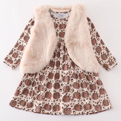 Leopard Pumpkin Print Vest + Dress Set