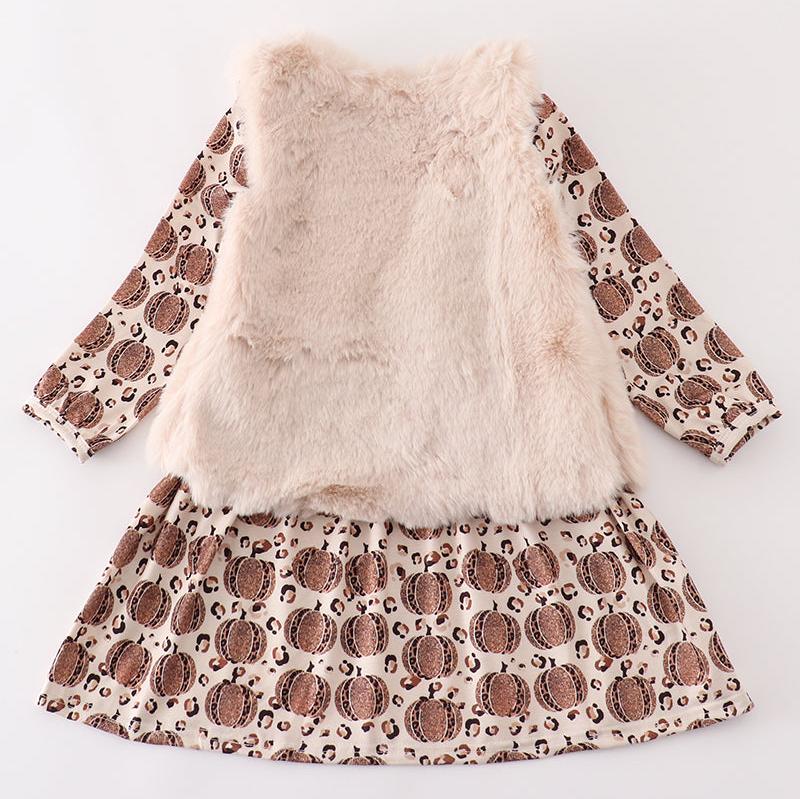 Leopard Pumpkin Print Vest + Dress Set