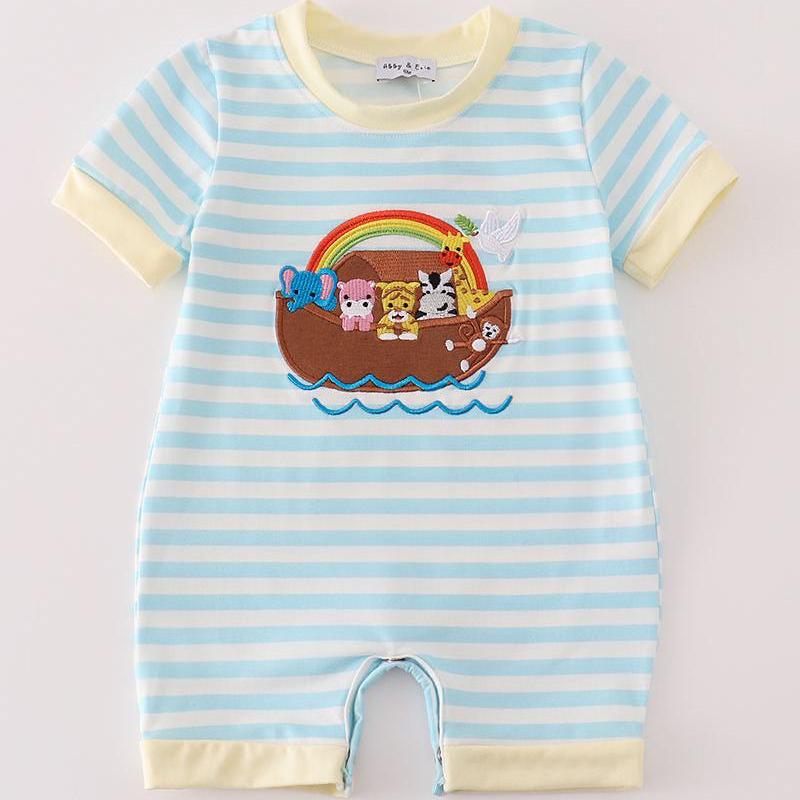 Noah’s Ark Applique Blue Stripe Boy Romper