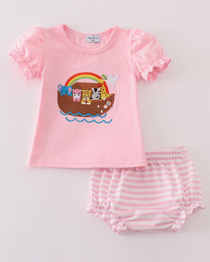 Noah’s Ark Applique Pink Baby Girl Set