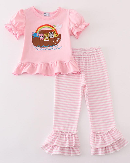 Noah’s Ark Applique Pink Stripe Girl Set