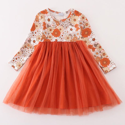 Mackenzie Orange Floral Print Tulle Dress