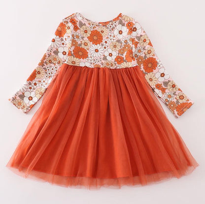 Mackenzie Orange Floral Print Tulle Dress