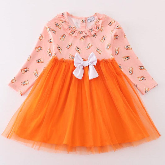 Blue Dogs Character Print Orange Tutu Dress