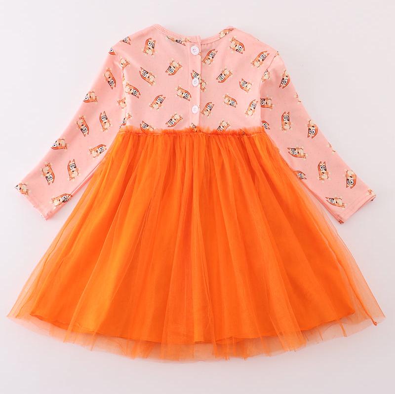 Blue Dogs Character Print Orange Tutu Dress