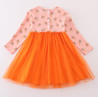 Blue Dogs Character Print Orange Tutu Dress