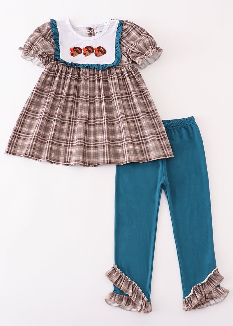 Brown Plaid Turkey French Knot Girl Pants Set