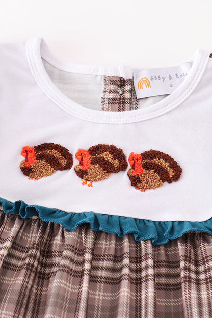 Brown Plaid Turkey French Knot Girl Pants Set