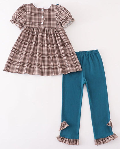 Brown Plaid Turkey French Knot Girl Pants Set