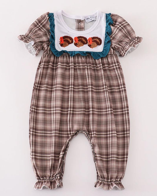 Brown Plaid Turkey French Knot Baby Girl Romper