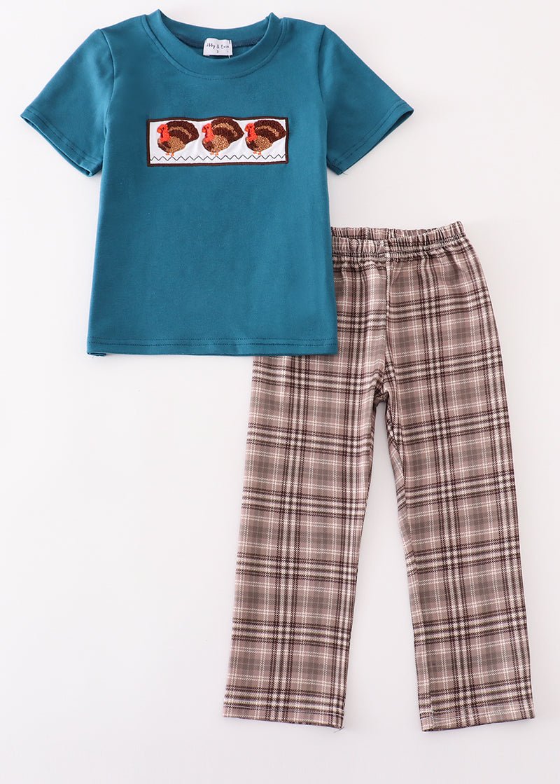 Brown Plaid Turkey French Knot Boy Set