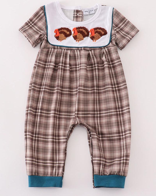 Brown Plaid Turkey French Knot Boy Romper