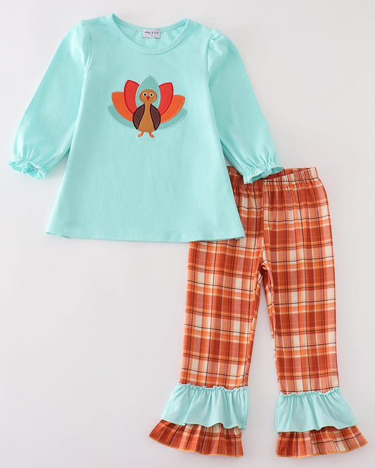 Orange Plaid Turkey Applique Mint Girl Set