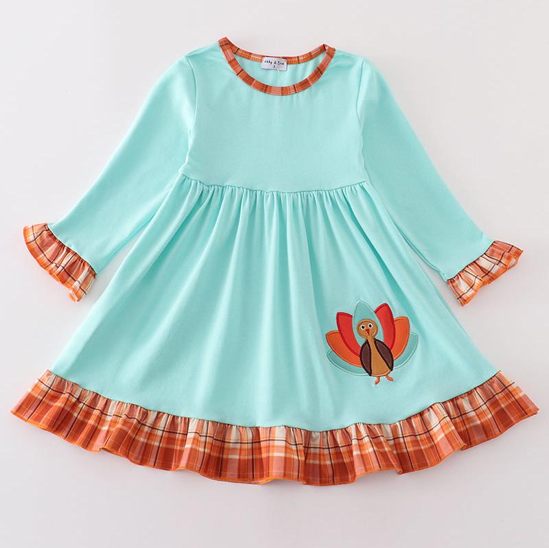 Orange Plaid Turkey Applique Mint Dress