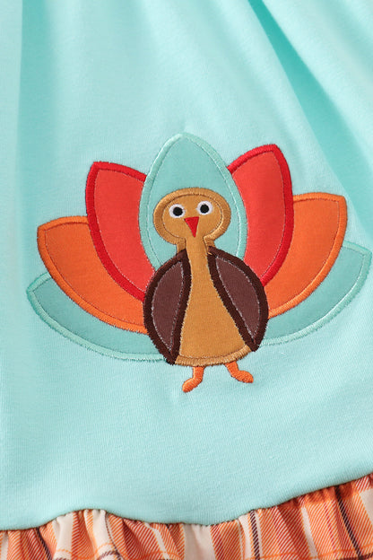 Orange Plaid Turkey Applique Mint Dress