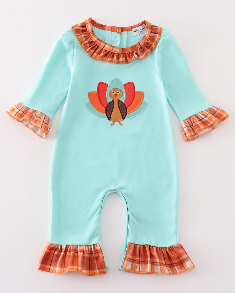 Orange Plaid Turkey Applique Mint Girl Romper