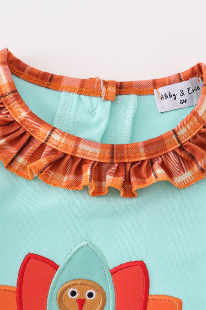 Orange Plaid Turkey Applique Mint Girl Romper