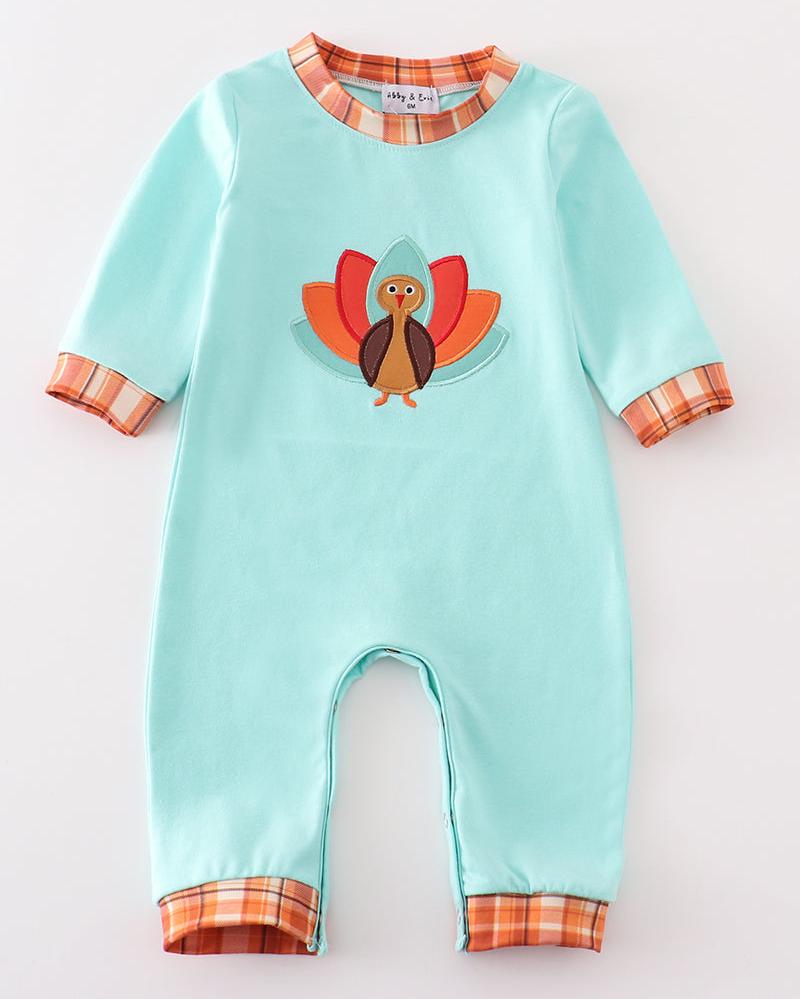 Orange Plaid Turkey Applique Mint Boy Romper