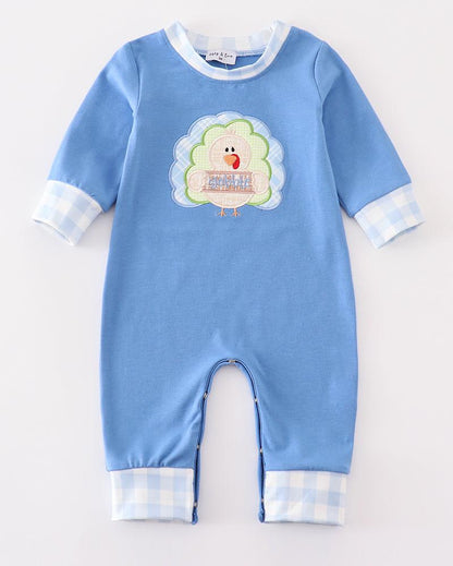 Gobble Turkey Applique Blue Boy Romper