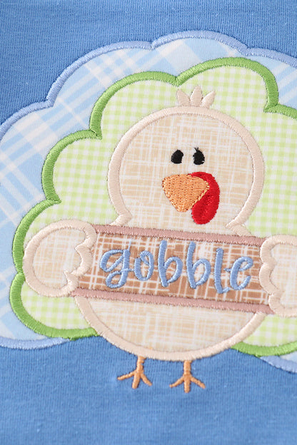 Gobble Turkey Applique Blue Boy Romper