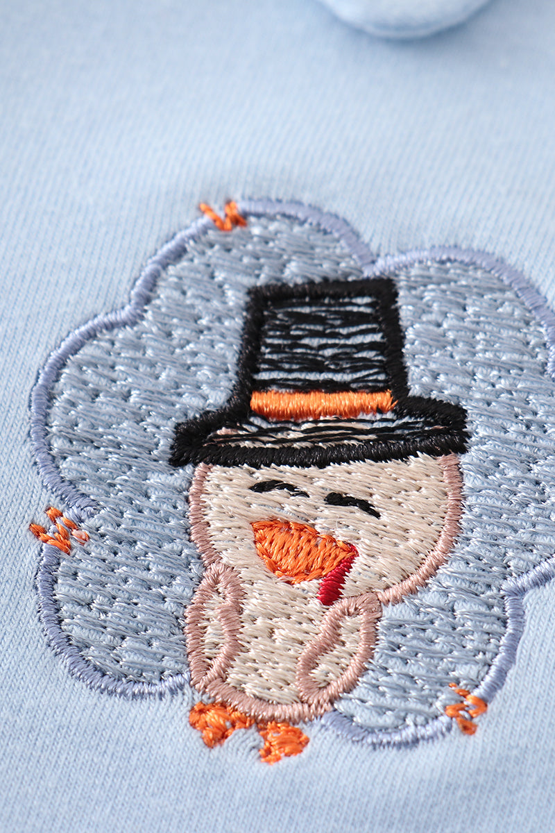 Blue Thanksgiving Turkey Embroidered Plaid Boy Set