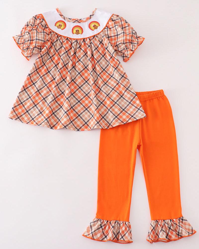 Orange Plaid Turkey Embroidered Girl Set