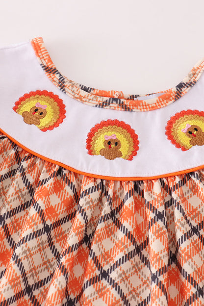 Orange Plaid Turkey Embroidered Girl Set