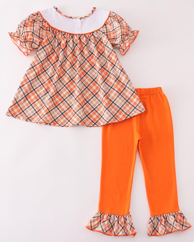 Orange Plaid Turkey Embroidered Girl Set