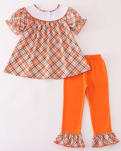 Orange Plaid Turkey Embroidered Girl Set